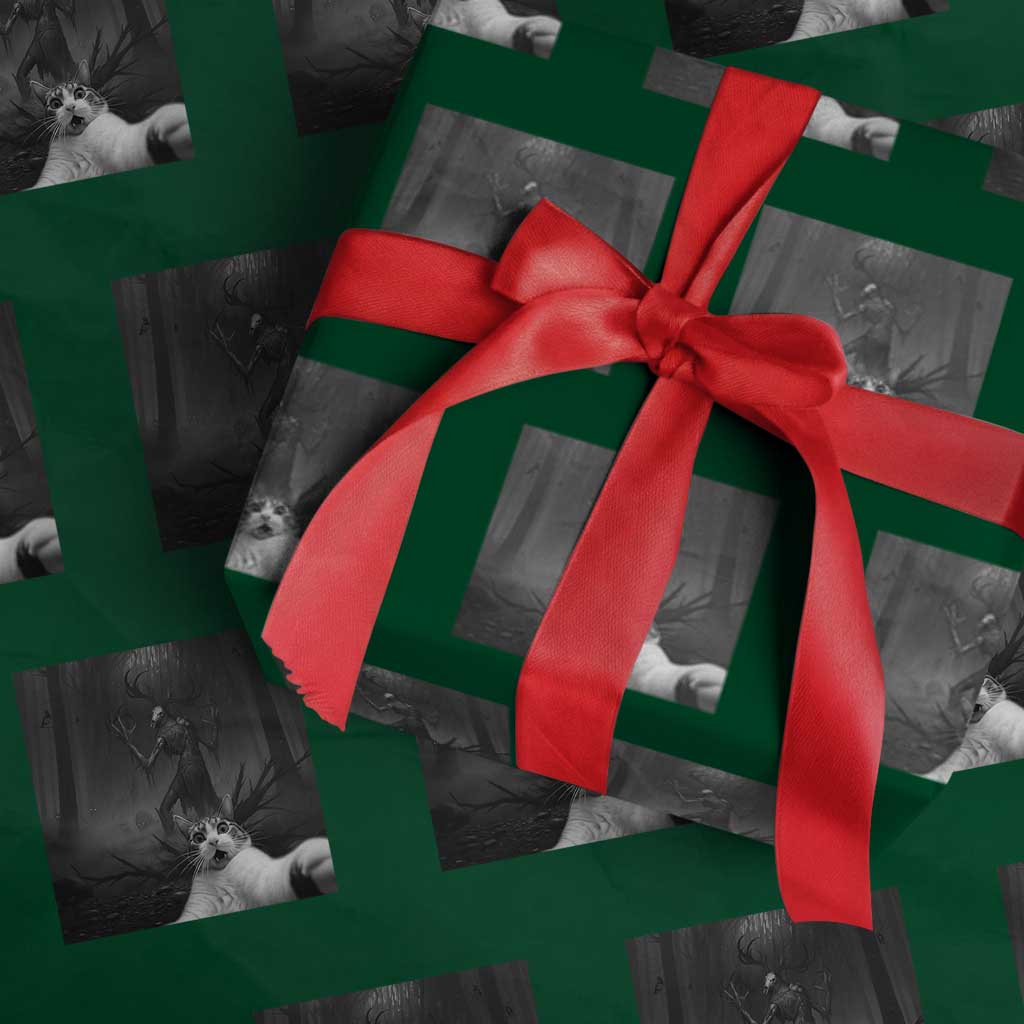 Cat Selfie With Wendigo Wrapping Paper Roll Horror Halloween Funny Cat Gifts TS10 Green Print Your Wear