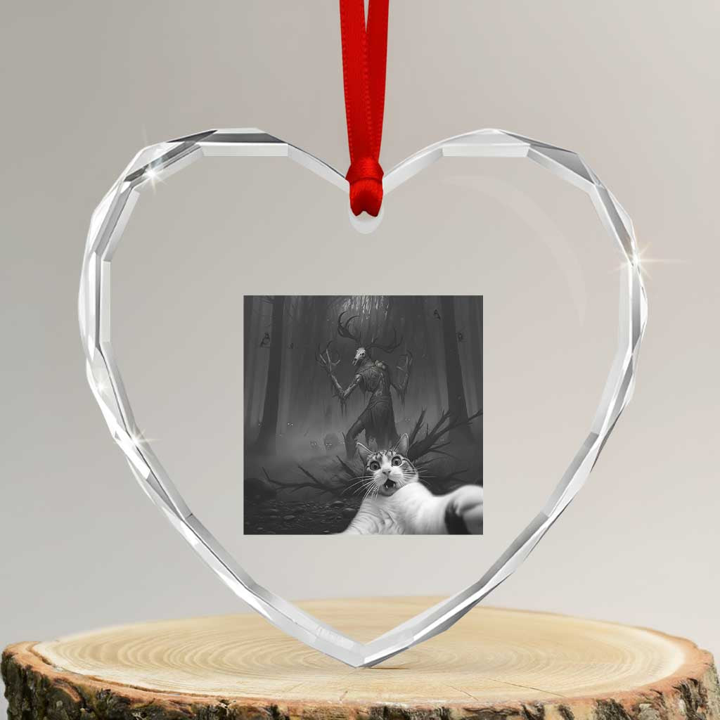 Cat Selfie With Wendigo Heart Crystal Glass Ornament Horror Halloween Funny Cat Gifts TS10 Transparent Glass 3'' Heart Print Your Wear