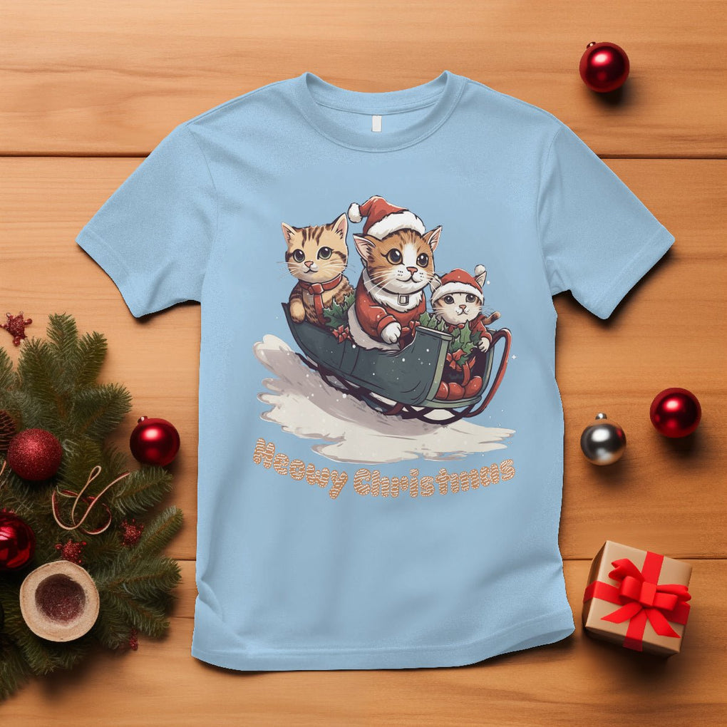 Cat Sleigh Meowy Christmas Holiday Santa Hat T Shirt TS09 Light Blue Printyourwear