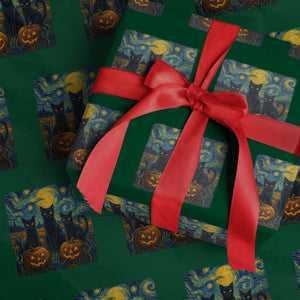 Cat Starry Night Wrapping Paper Roll Funny Cat Lover Gifts Halloween Van Gogh TS10 Green Print Your Wear