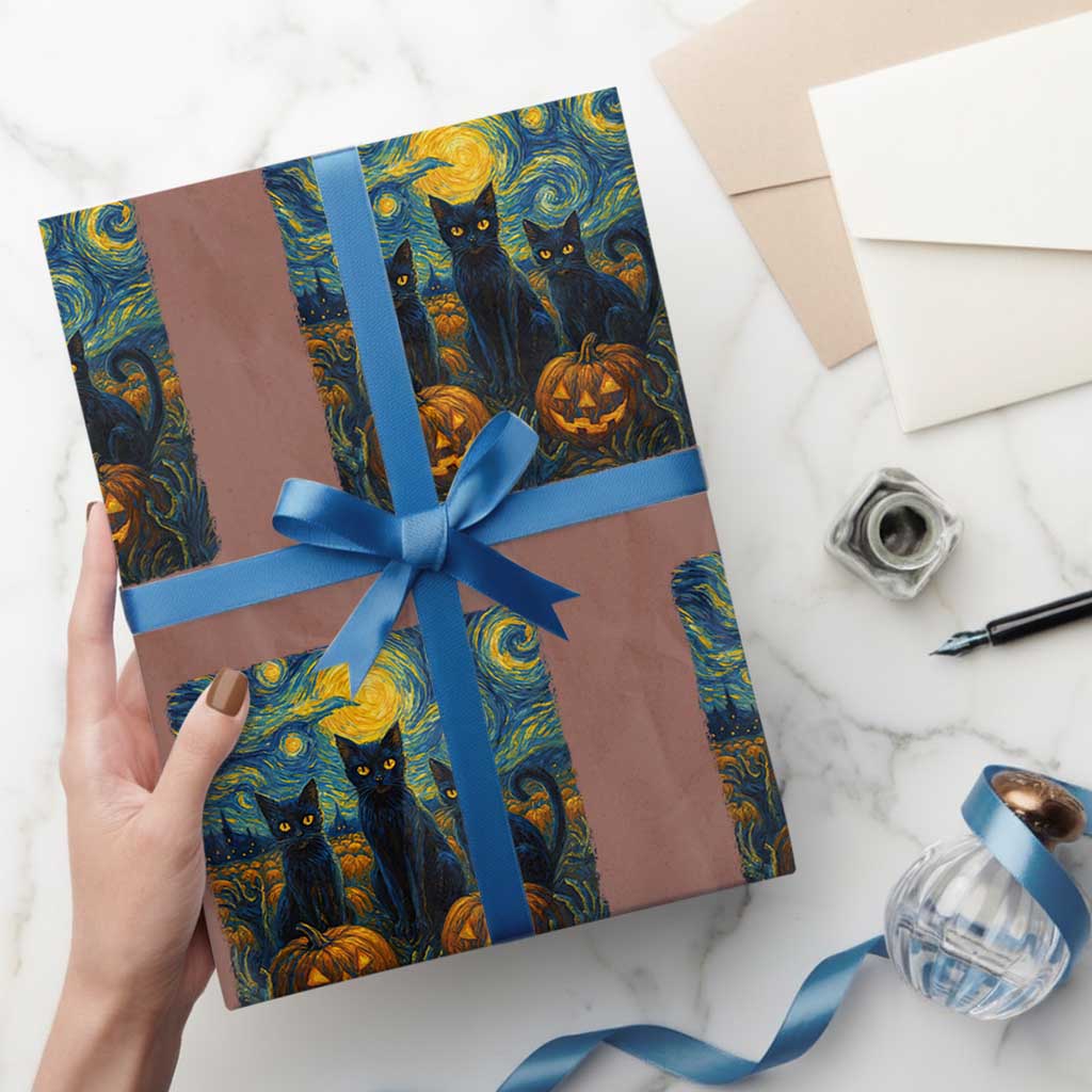 Cat Starry Night Wrapping Paper Roll Funny Cat Lover Gifts Halloween Van Gogh TS10 Mocha Print Your Wear