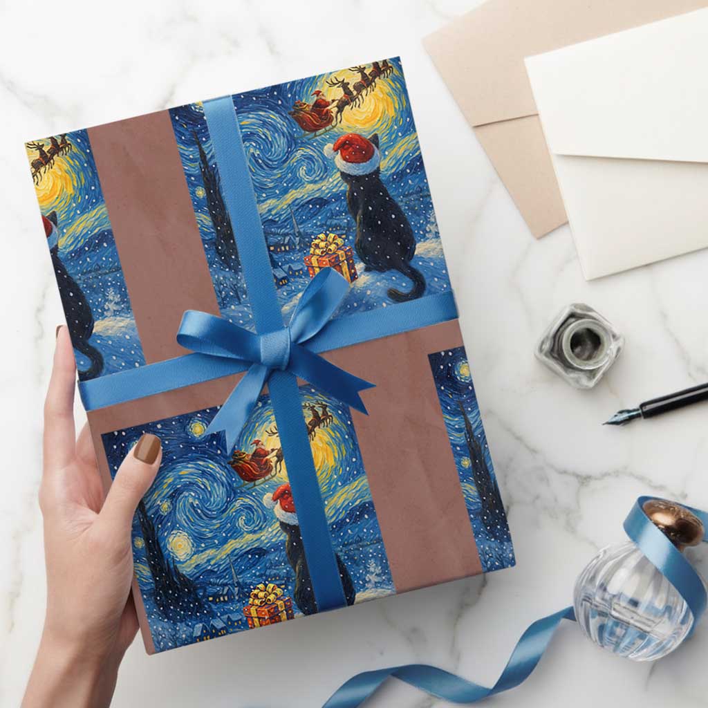 Cat Starry Night Xmas Wrapping Paper Roll Van Gogh Cat Lover Xmas TS14 Mocha Print Your Wear