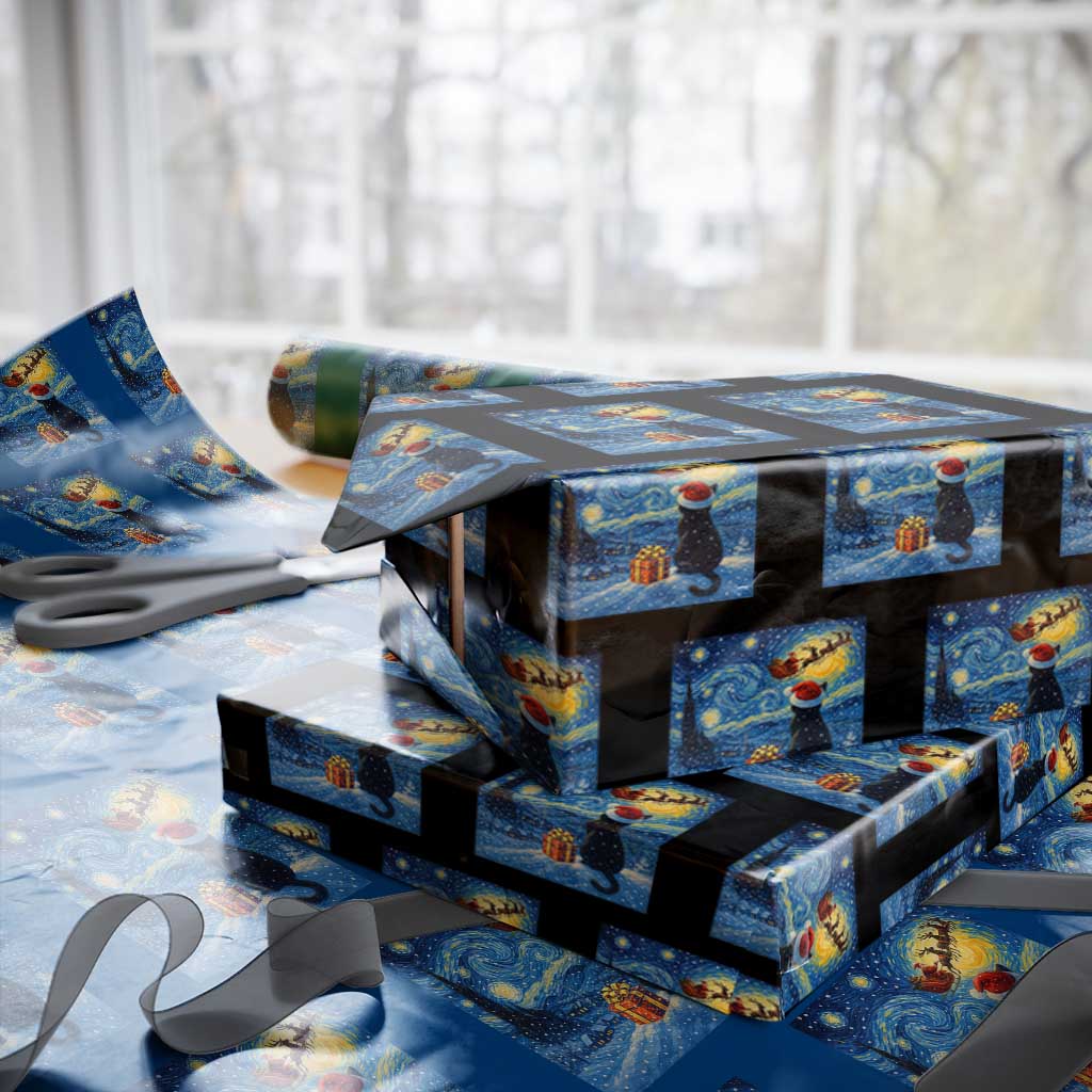 Cat Starry Night Xmas Wrapping Paper Roll Van Gogh Cat Lover Xmas TS14 Black Print Your Wear
