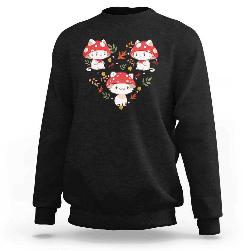 Cat with Mushroom Hat Heart Shape Cottagecore Aesthetic Sweatshirt TS09 Black Printyourwear