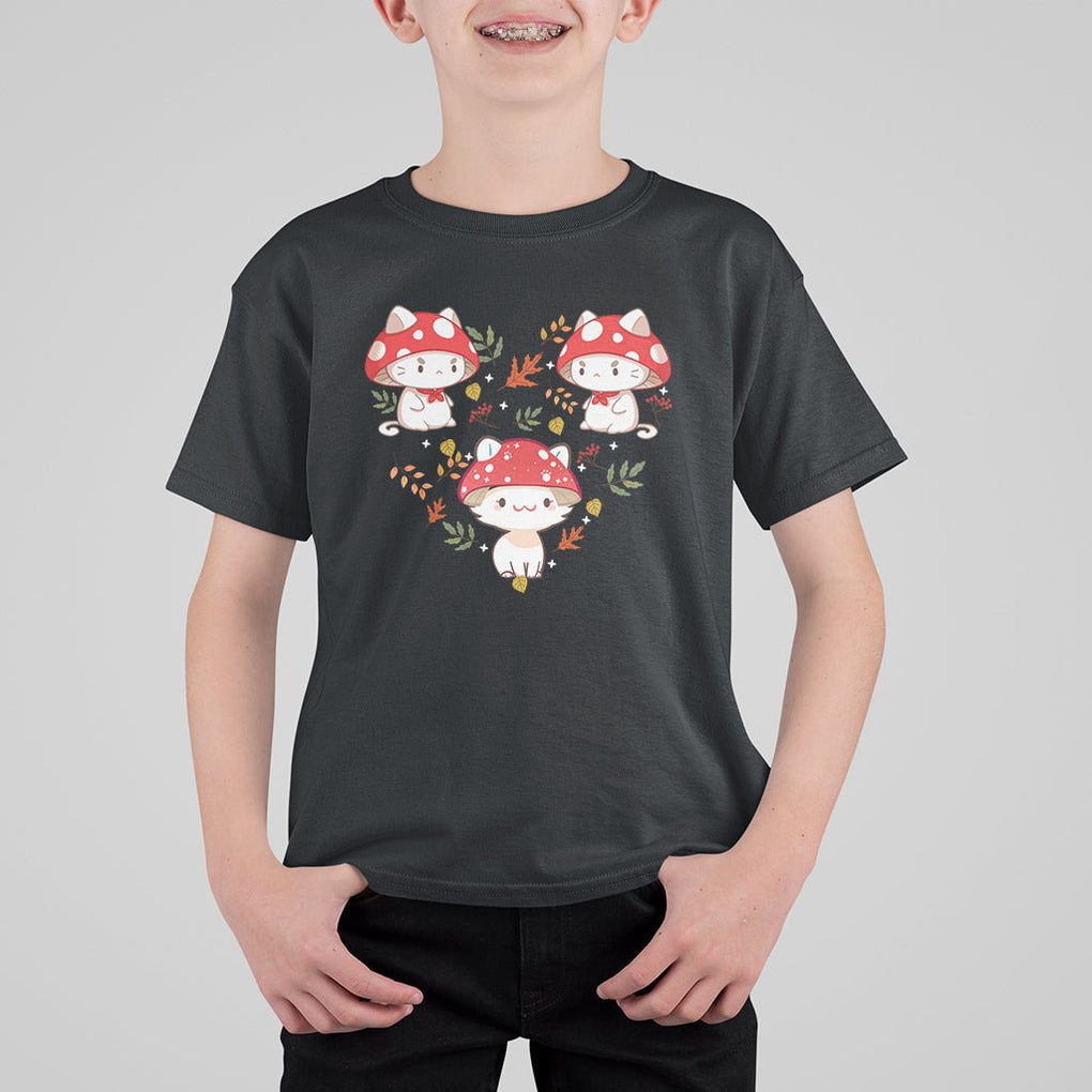 Cat with Mushroom Hat Heart Shape Cottagecore Aesthetic T Shirt For Kid TS09 Black Printyourwear