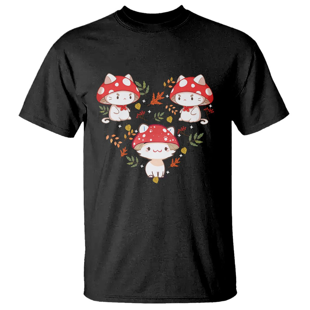 Cat with Mushroom Hat Heart Shape Cottagecore Aesthetic T Shirt TS09 Black Printyourwear