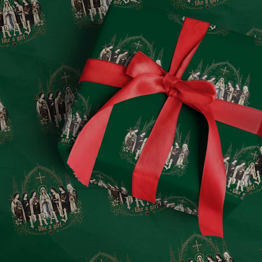 Catholic Saint Wrapping Paper Roll Pray Like A Girl Vintage Christian Faith Inspired TS10 Green Print Your Wear