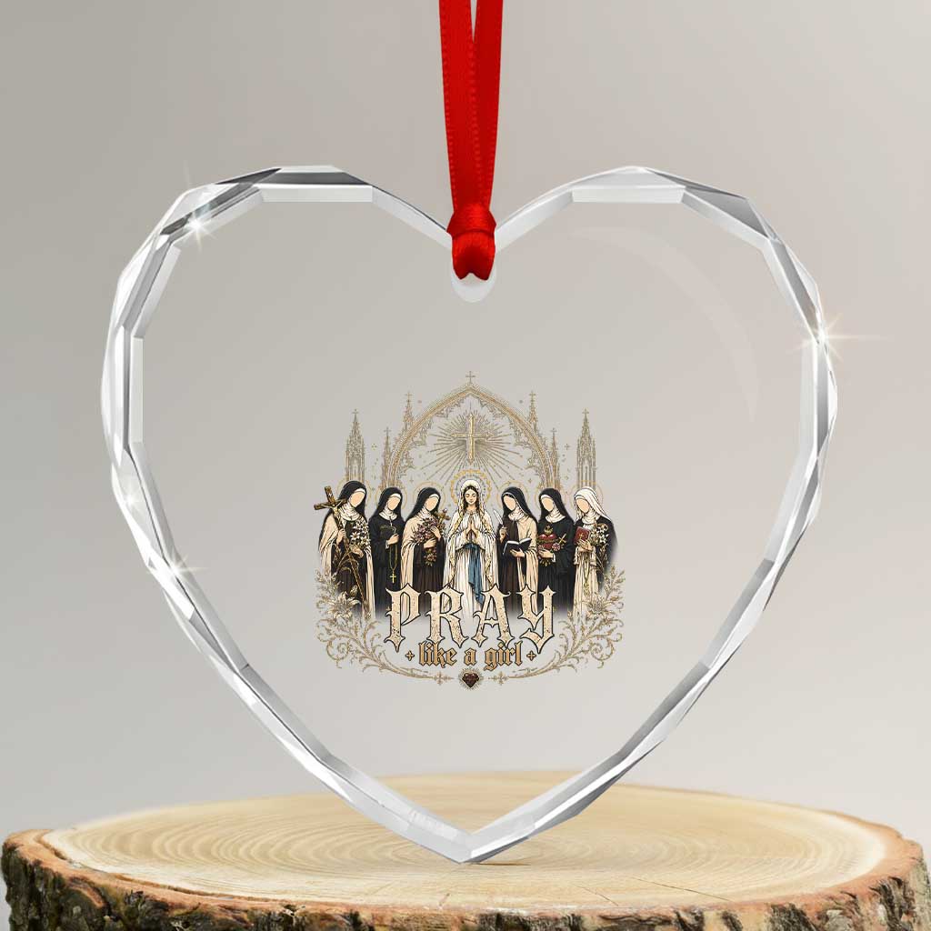 Catholic Saint Heart Crystal Glass Ornament Pray Like A Girl Vintage Christian Faith Inspired TS10 Transparent Glass 3'' Heart Print Your Wear