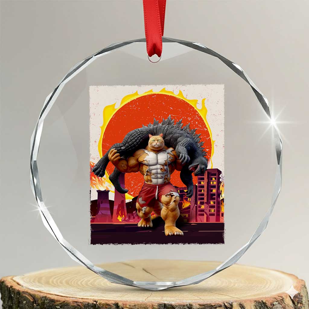 Japanese Kaiju Cat Cityscape Meme Crystal Glass Ornament TS14 Transparent Glass 3'' Circle Print Your Wear