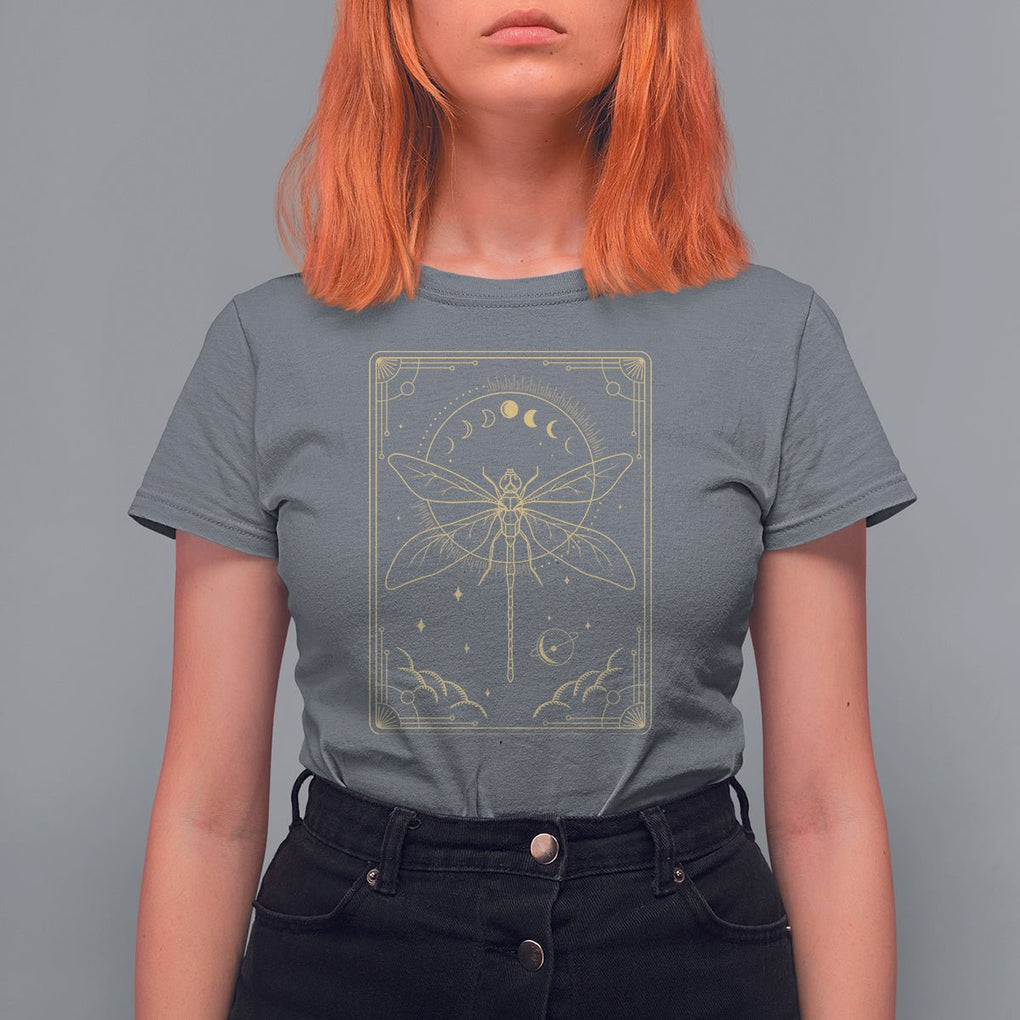Celestial Dark Academia Dragonfly Tarot Card Moon Phases T Shirt For Women TS02 Charcoal Printyourwear
