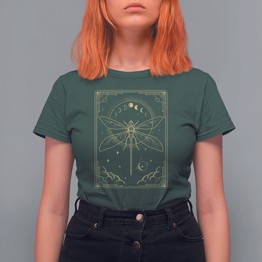 Celestial Dark Academia Dragonfly Tarot Card Moon Phases T Shirt For Women TS02 Dark Forest Green Printyourwear