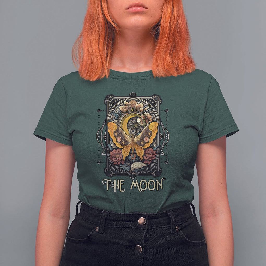 Celestial Floral Luna Moth Tarot Card The Moon T Shirt For Women TS02 Dark Forest Green Printyourwear