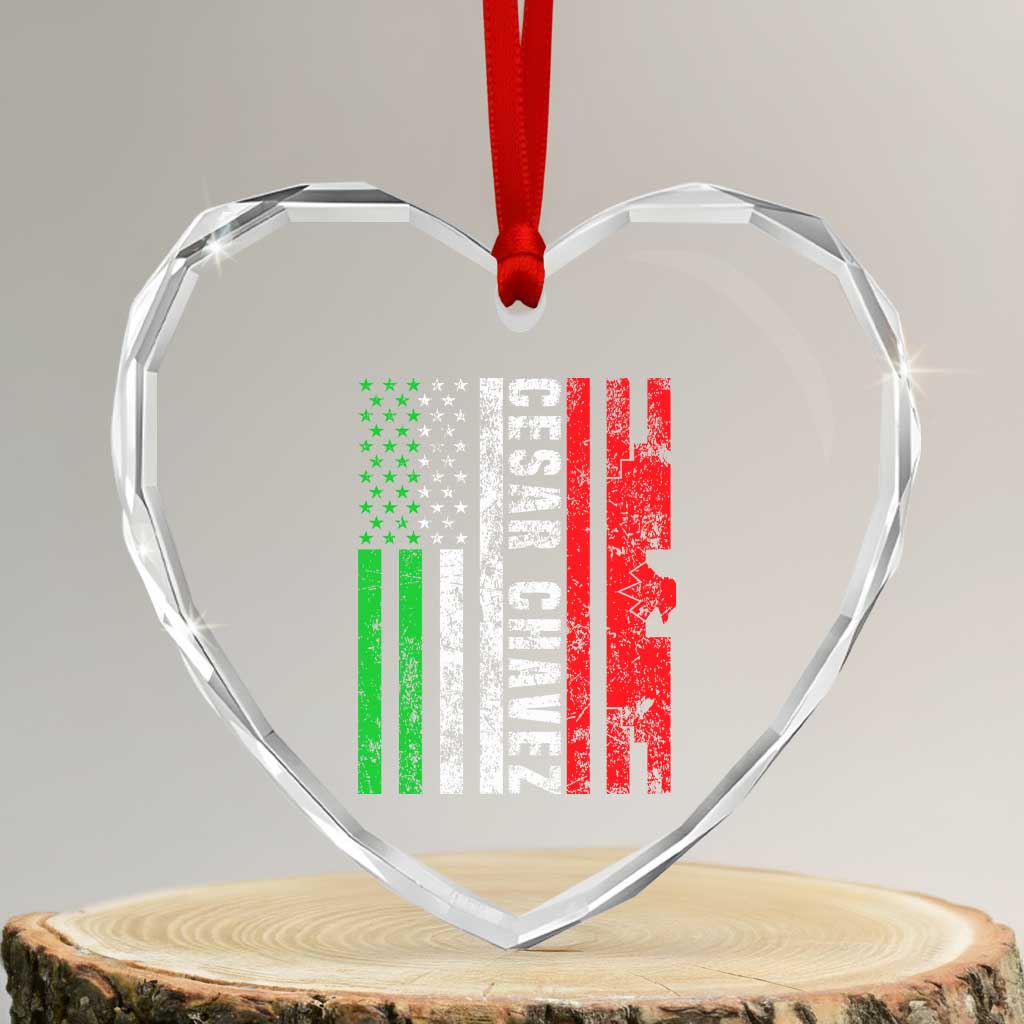 Cesar Chavez Heart Crystal Glass Ornament American Mexican Flag Patriotic Mexico Distressed TS02 Transparent Glass 3'' Heart Print Your Wear