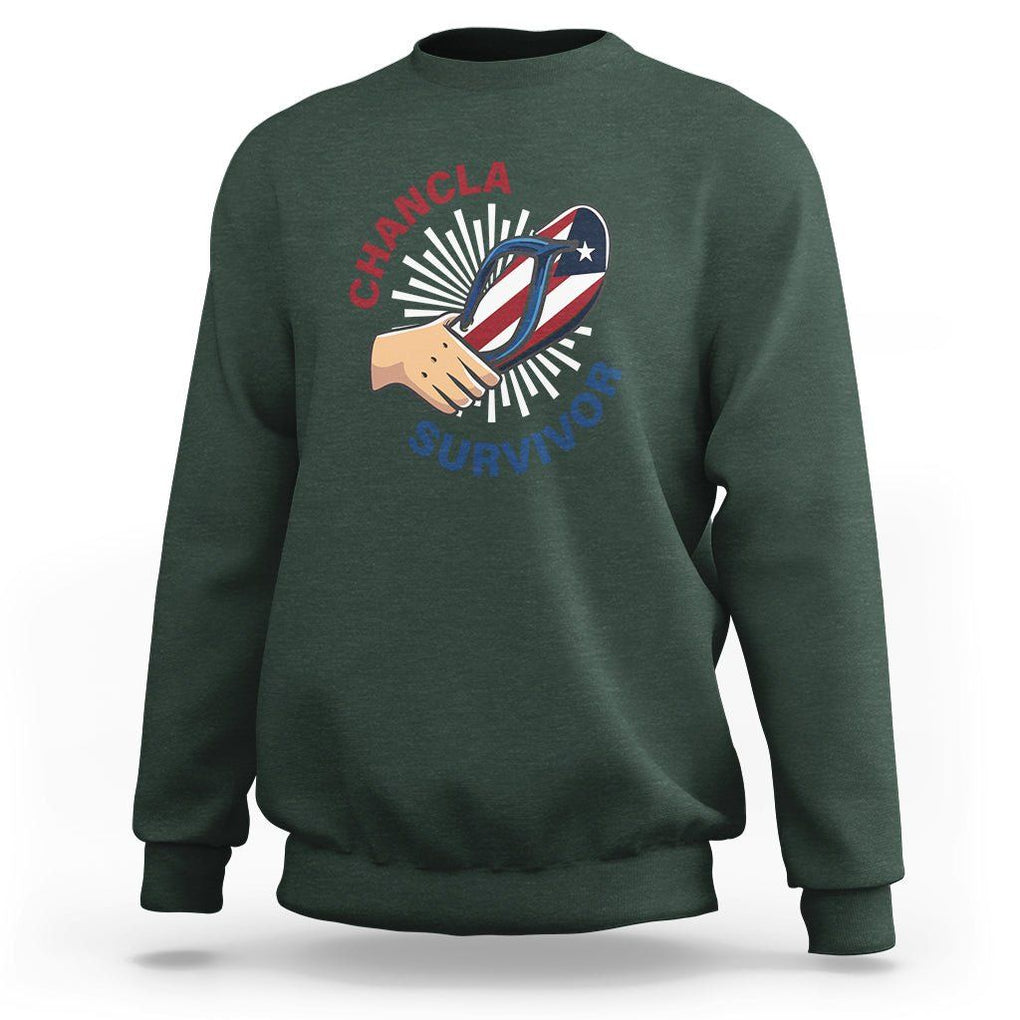 Chancla Survivor Funny Spanish Joke Puerto Rico Sweatshirt TS09 Dark Forest Green Print Your Wear
