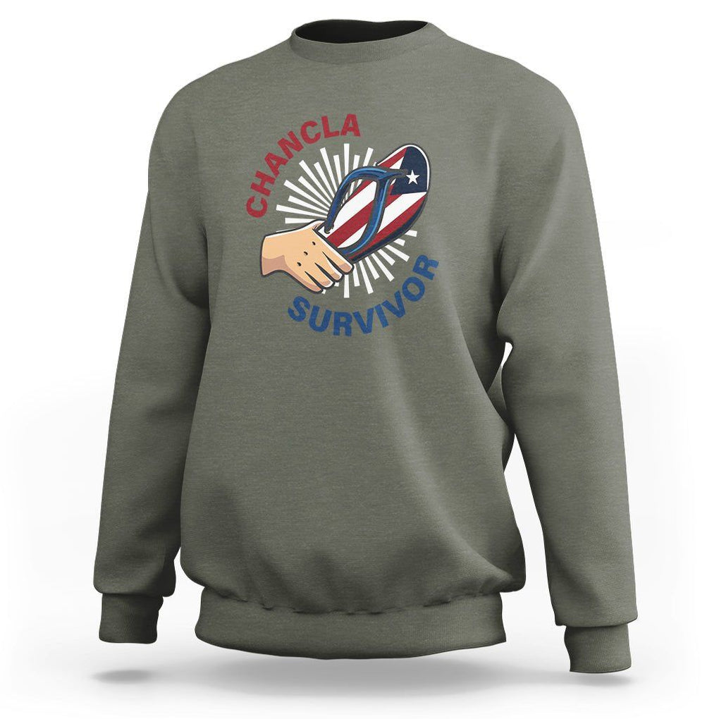 Chancla Survivor Funny Spanish Joke Puerto Rico Sweatshirt TS09 Military Green Print Your Wear