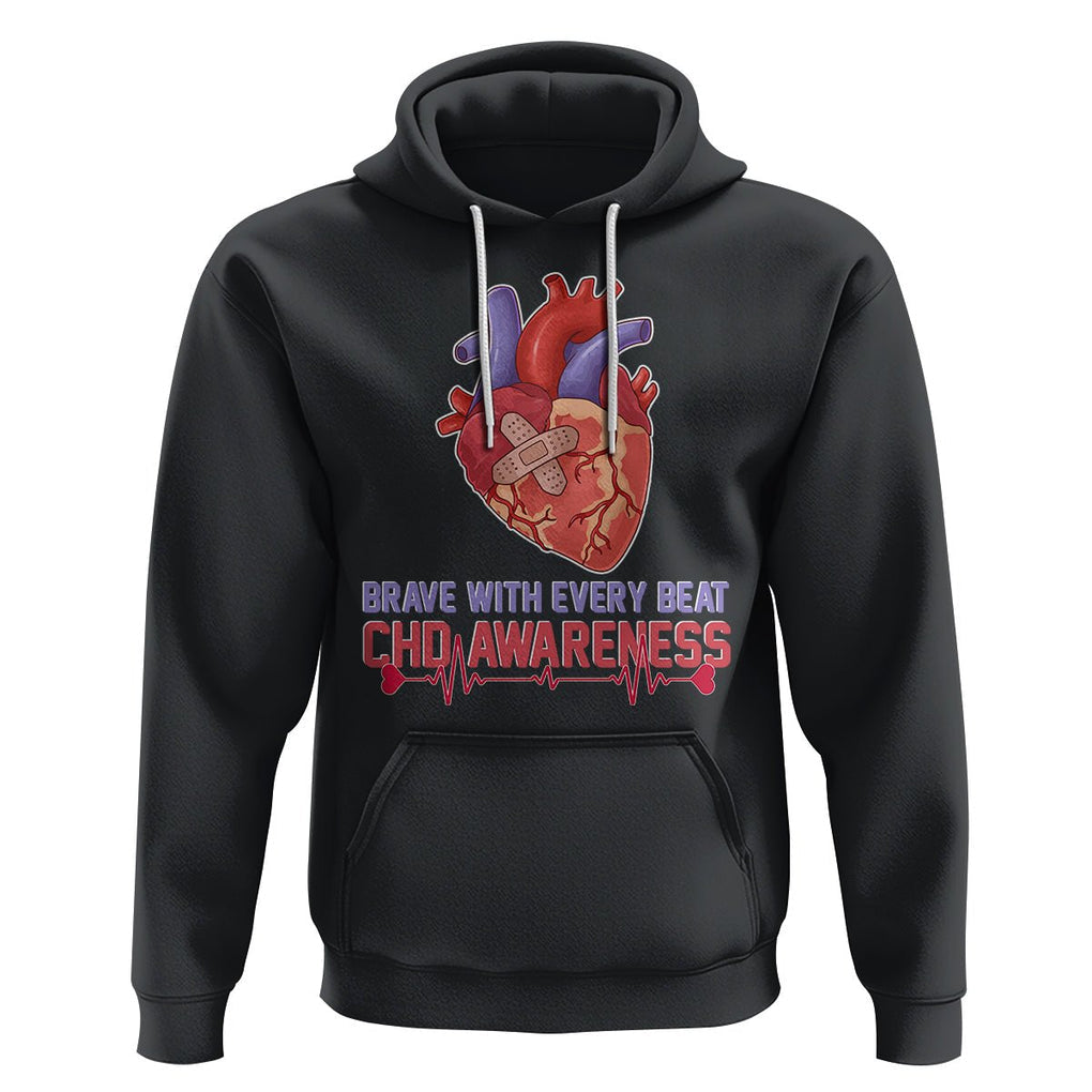 CHD Awareness Hoodie Brave With Every Beat Heart Disease Red And Blue Ribbon TS02 Black Printyourwear
