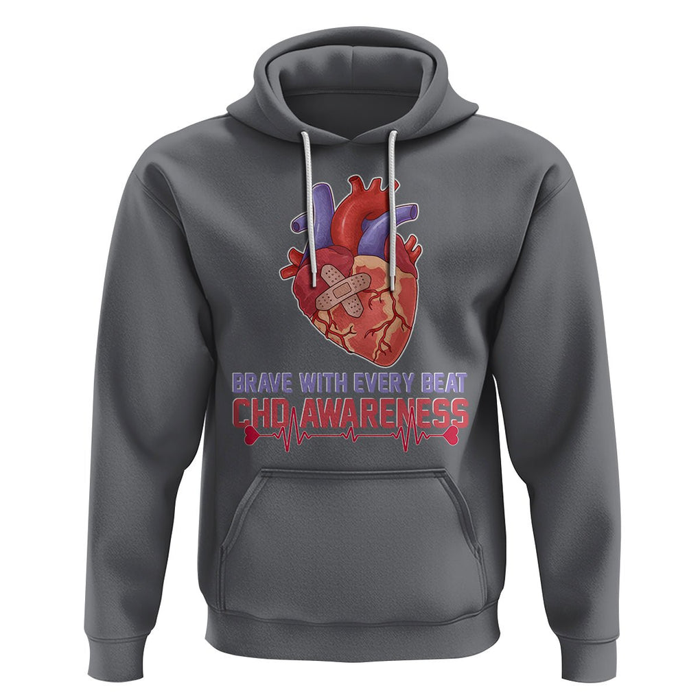 CHD Awareness Hoodie Brave With Every Beat Heart Disease Red And Blue Ribbon TS02 Charcoal Printyourwear
