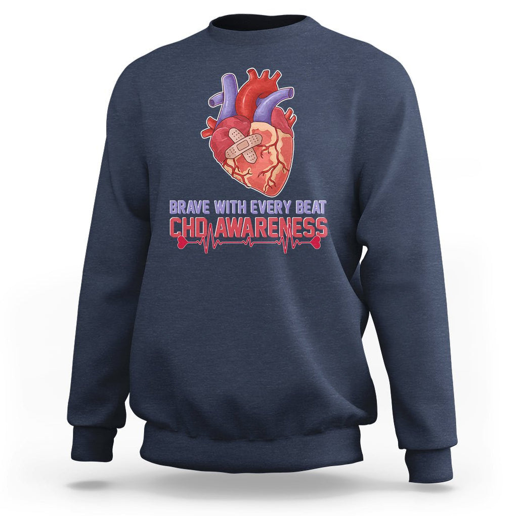 CHD Awareness Sweatshirt Brave With Every Beat Heart Disease Red And Blue Ribbon TS02 Navy Printyourwear