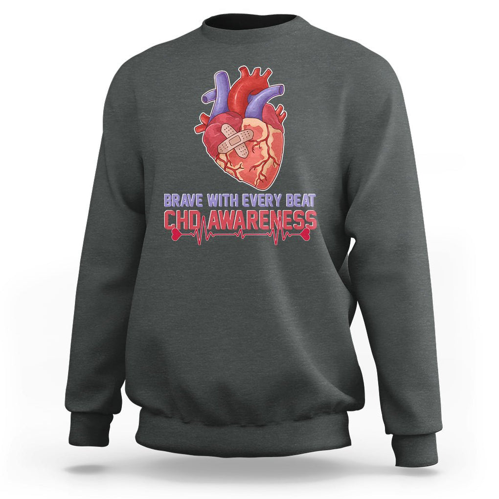 CHD Awareness Sweatshirt Brave With Every Beat Heart Disease Red And Blue Ribbon TS02 Dark Heather Printyourwear