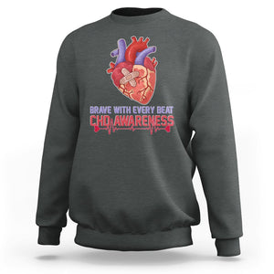 CHD Awareness Sweatshirt Brave With Every Beat Heart Disease Red And Blue Ribbon TS02 Dark Heather Printyourwear