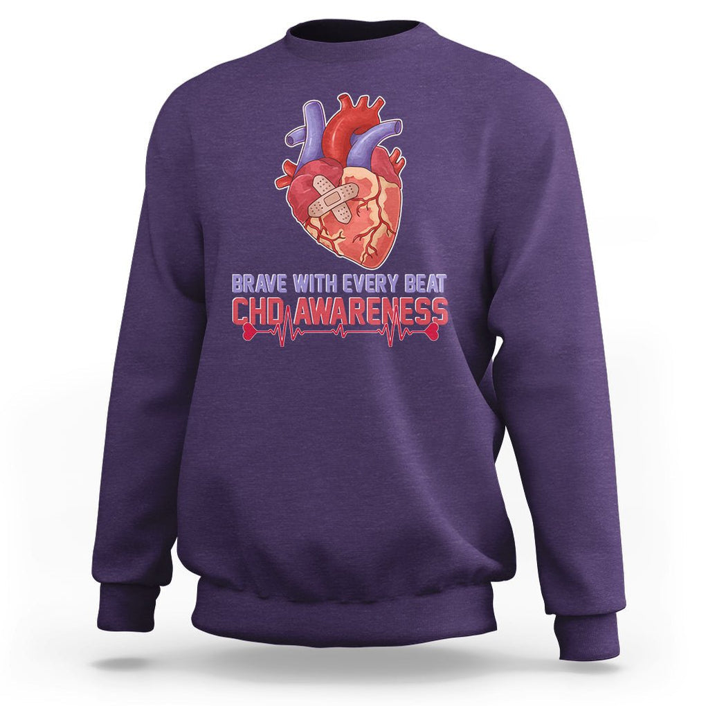 CHD Awareness Sweatshirt Brave With Every Beat Heart Disease Red And Blue Ribbon TS02 Purple Printyourwear