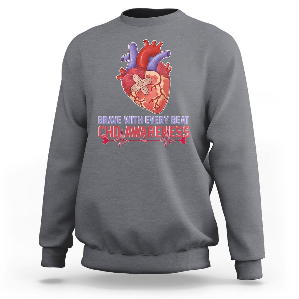 CHD Awareness Sweatshirt Brave With Every Beat Heart Disease Red And Blue Ribbon TS02 Charcoal Printyourwear