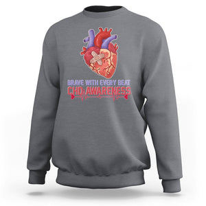 CHD Awareness Sweatshirt Brave With Every Beat Heart Disease Red And Blue Ribbon TS02 Charcoal Printyourwear