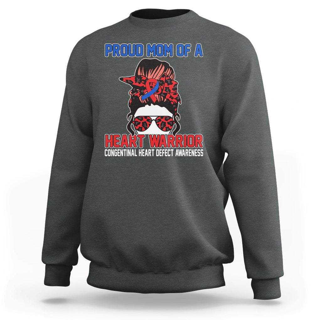 CHD Awareness Sweatshirt Messy Bun Mom Of A Heart Warrior Congenital Heart Defect TS02 Dark Heather Printyourwear