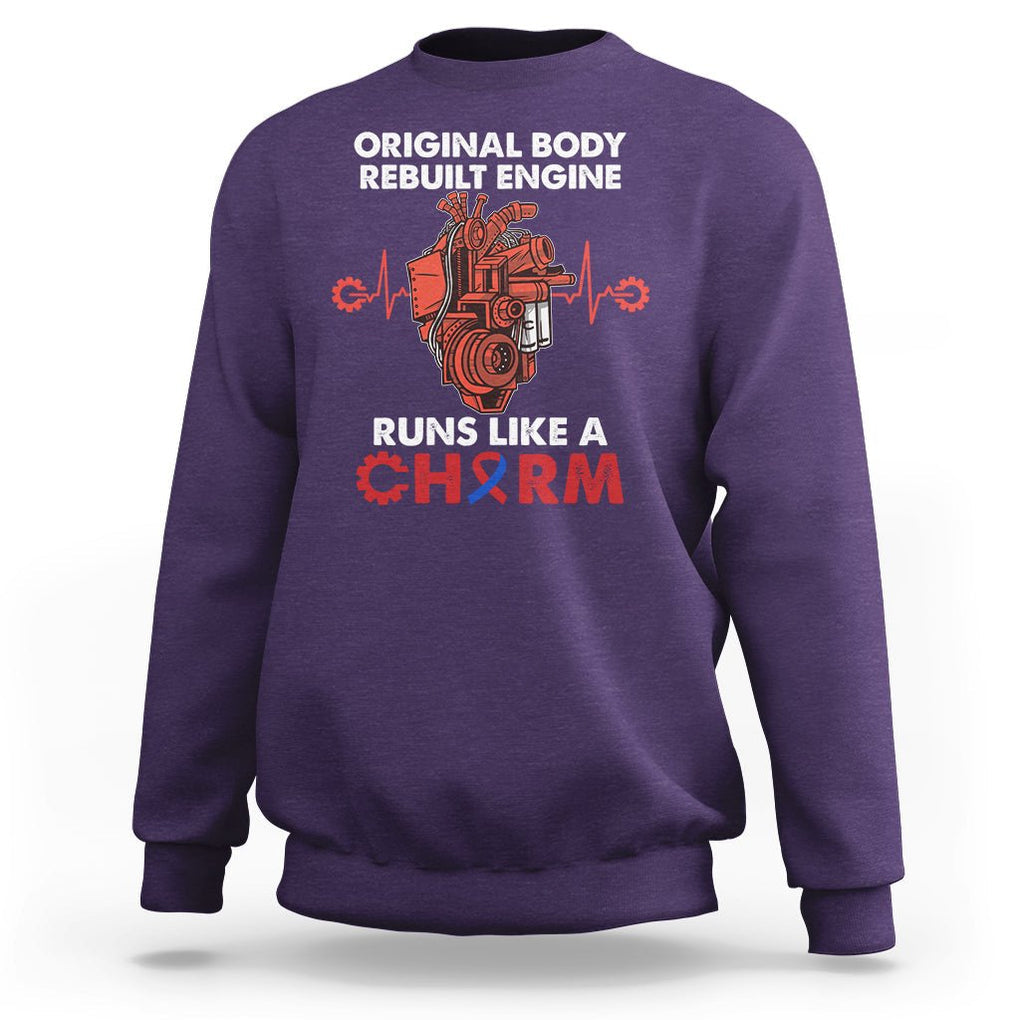 CHD Awareness Sweatshirt Original Body Rebuilt Engine Runs Like A Charm Heart Surgery TS02 Purple Printyourwear
