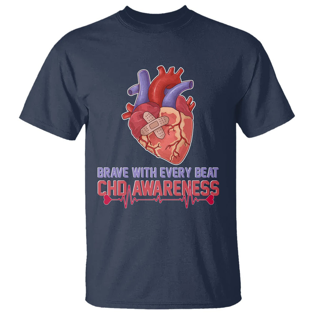 CHD Awareness T Shirt Brave With Every Beat Heart Disease Red And Blue Ribbon TS02 Navy Printyourwear
