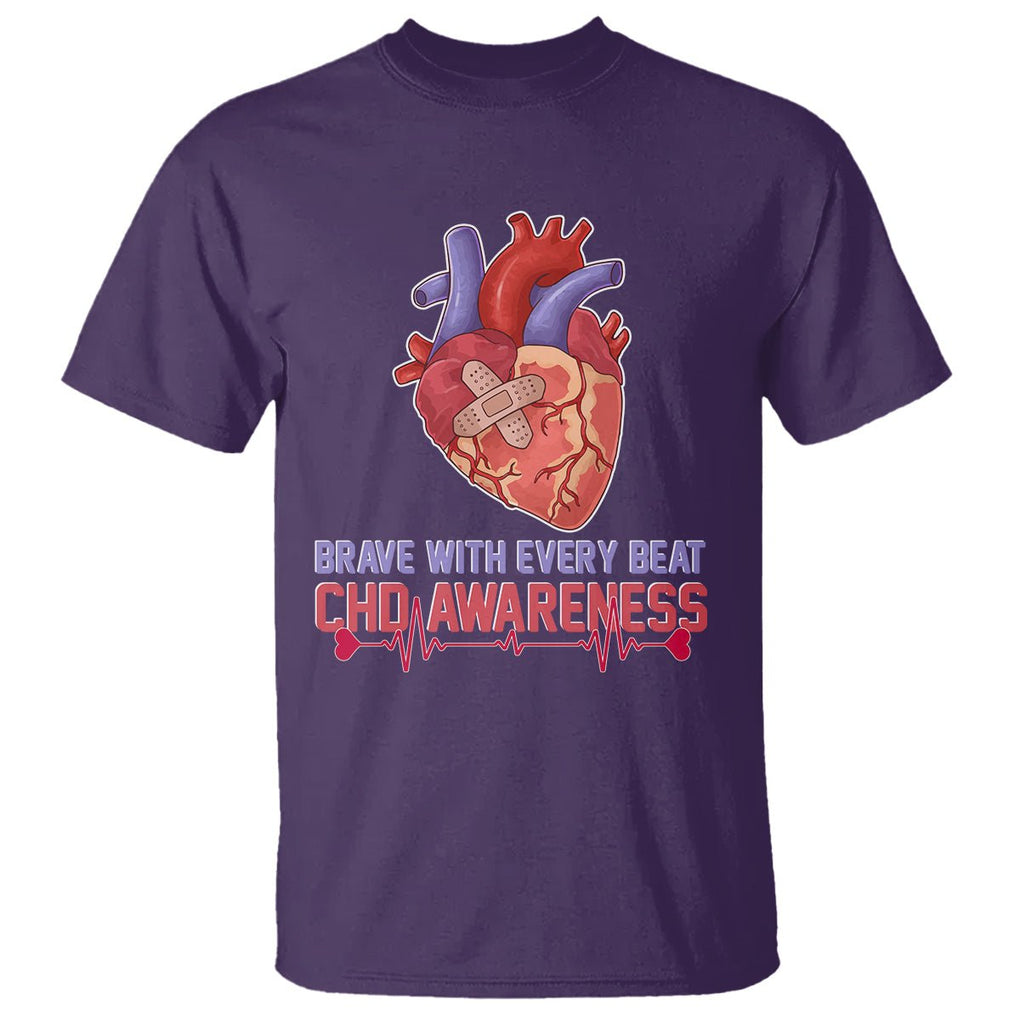 CHD Awareness T Shirt Brave With Every Beat Heart Disease Red And Blue Ribbon TS02 Purple Printyourwear