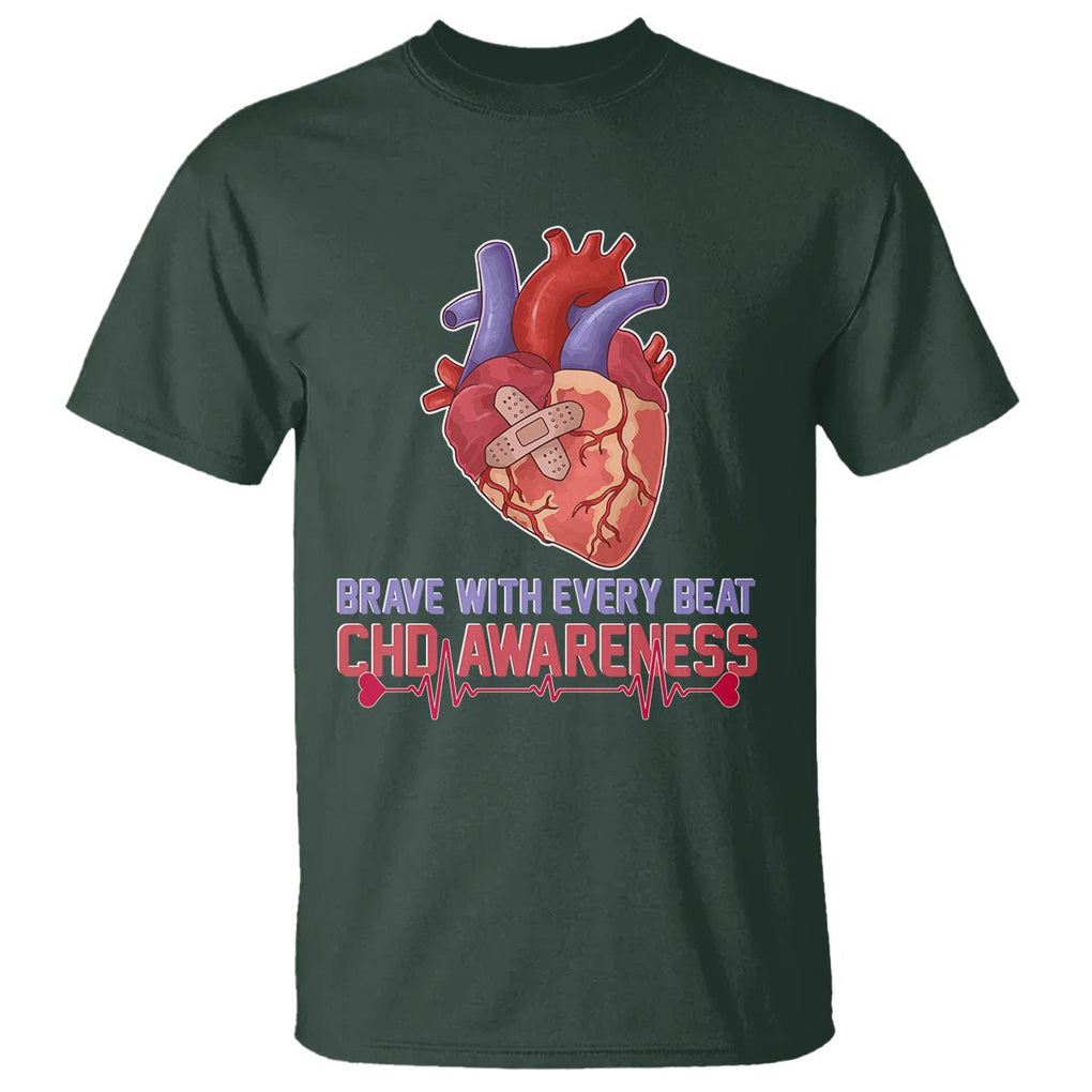 CHD Awareness T Shirt Brave With Every Beat Heart Disease Red And Blue Ribbon TS02 Dark Forest Green Printyourwear