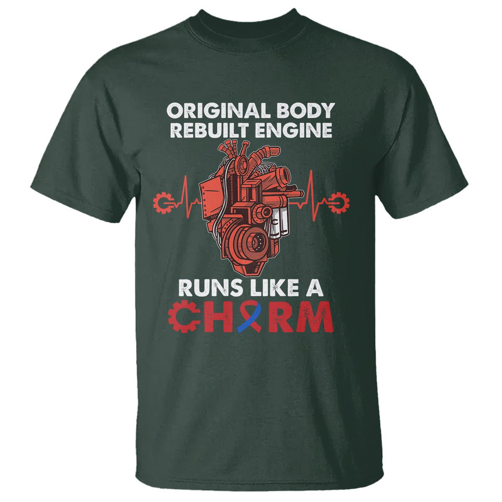 CHD Awareness T Shirt Original Body Rebuilt Engine Runs Like A Charm Heart Surgery TS02 Dark Forest Green Printyourwear