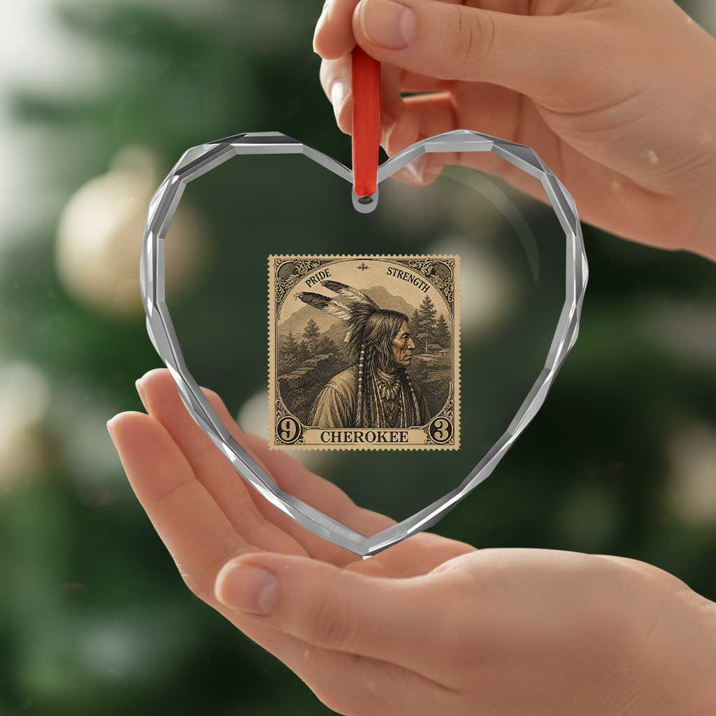 Cherokee Pride Strength Heart Crystal Glass Ornament Native American Vintage Postage Stamp Graphic
