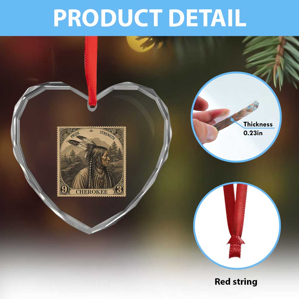 Cherokee Pride Strength Heart Crystal Glass Ornament Native American Vintage Postage Stamp Graphic