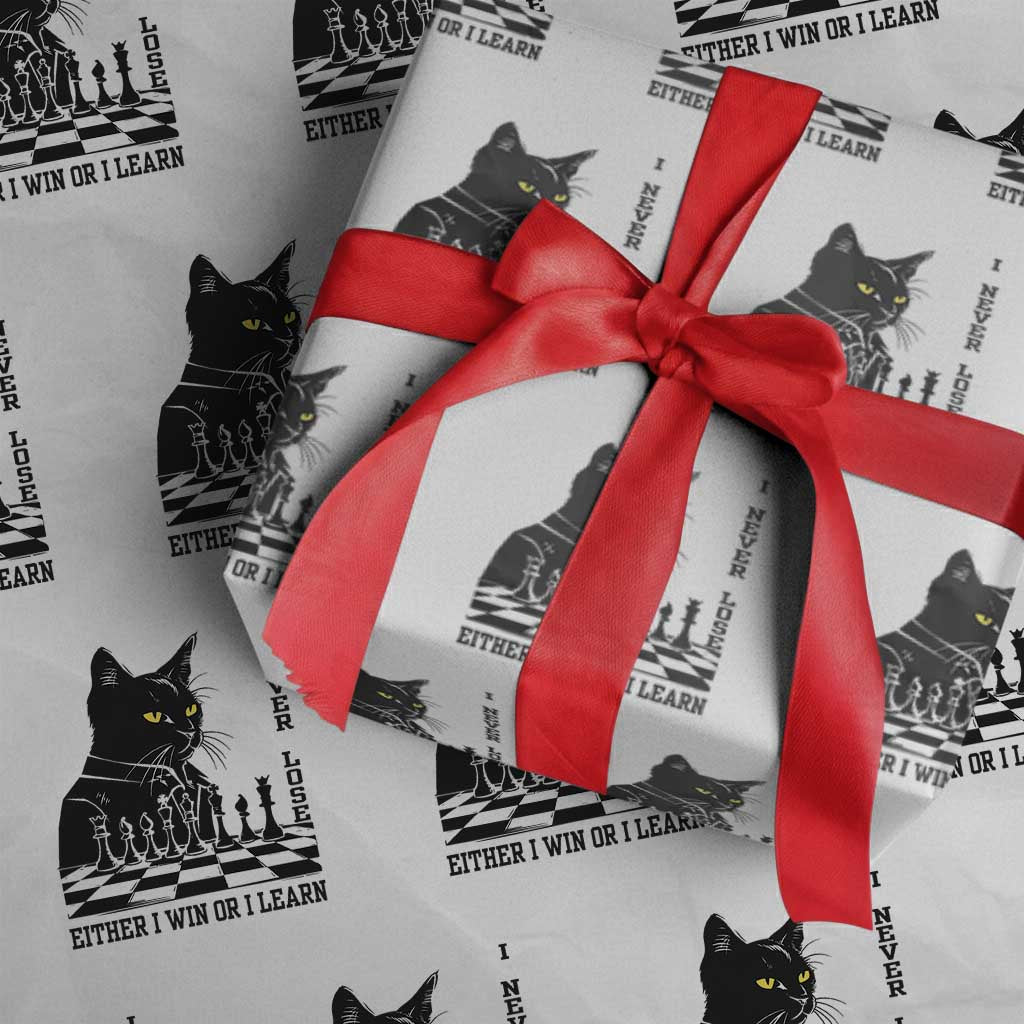 Chess Lover Wrapping Paper Roll I Never Lose Either I Win Or I Learn Elegant Cool Cat TS11 White Print Your Wear
