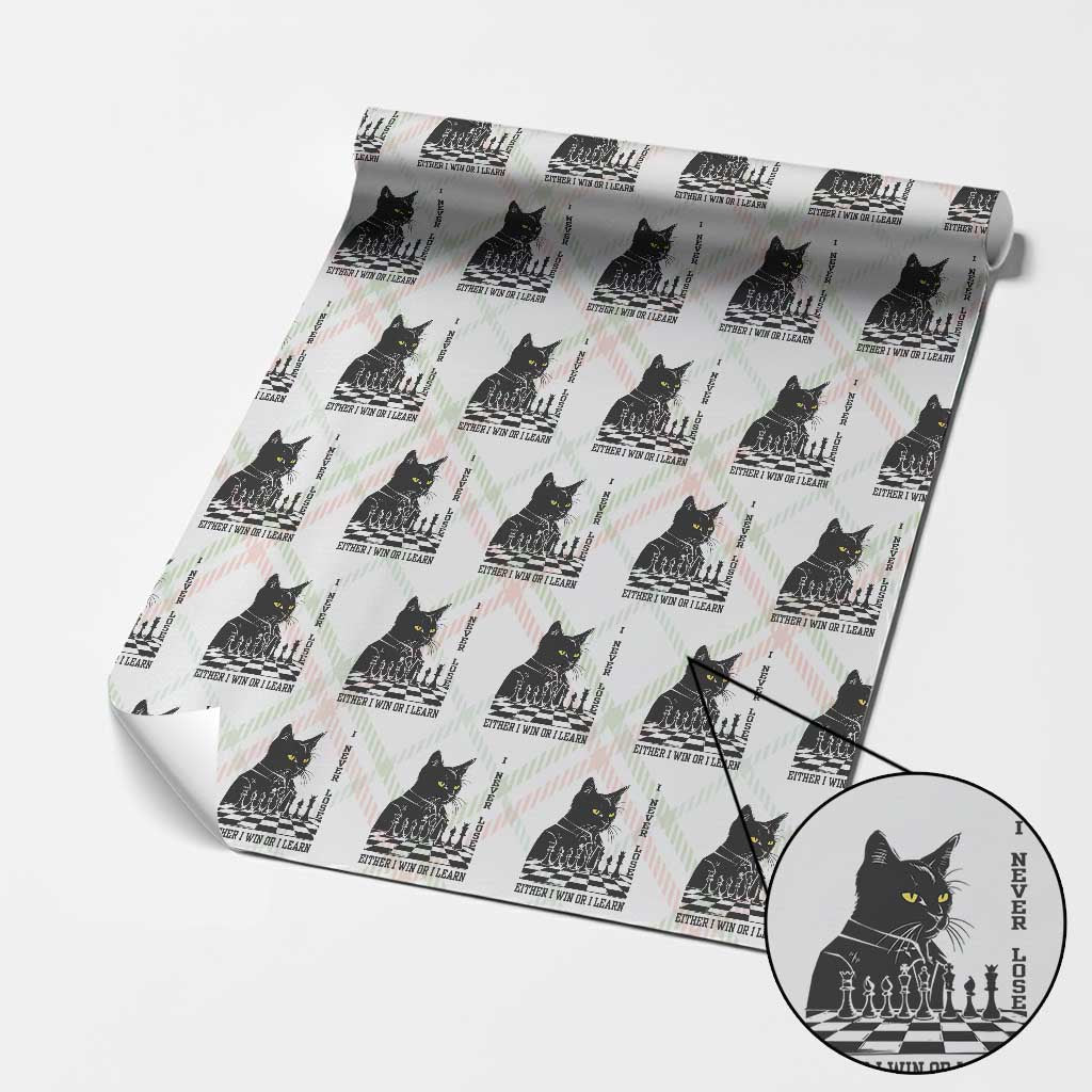 Chess Lover Wrapping Paper Roll I Never Lose Either I Win Or I Learn Elegant Cool Cat