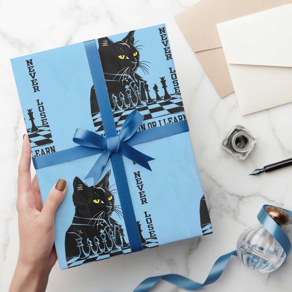 Chess Lover Wrapping Paper Roll I Never Lose Either I Win Or I Learn Elegant Cool Cat