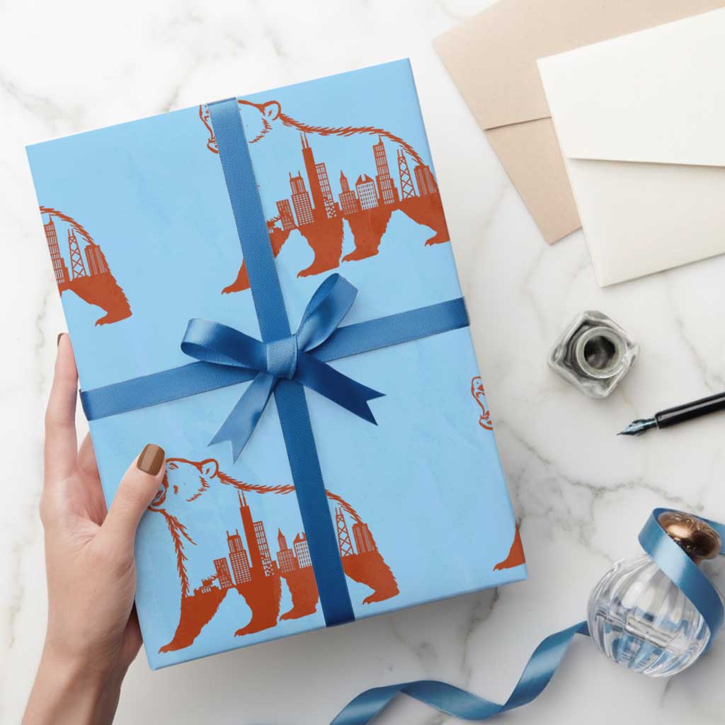 Chicago Skyline Bear Wrapping Paper Roll Urban Streetwear Gift TS12 Light Blue Print Your Wear