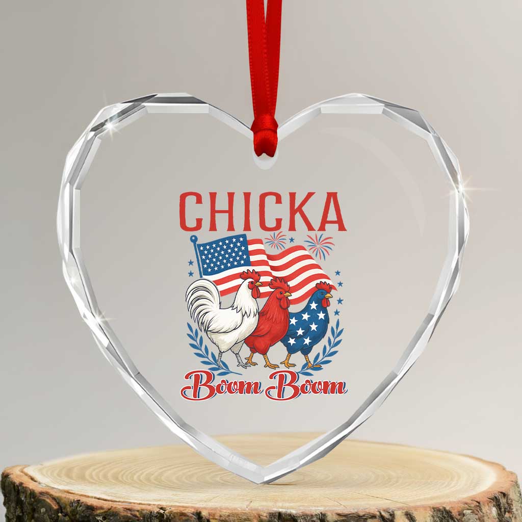 Chicka Boom Boom Patriotic Chicken Heart Crystal Glass Ornament Funny Patriotic 4th of July Red White and Blue Farm TS02 Transparent Glass 3'' Heart Print Your Wear