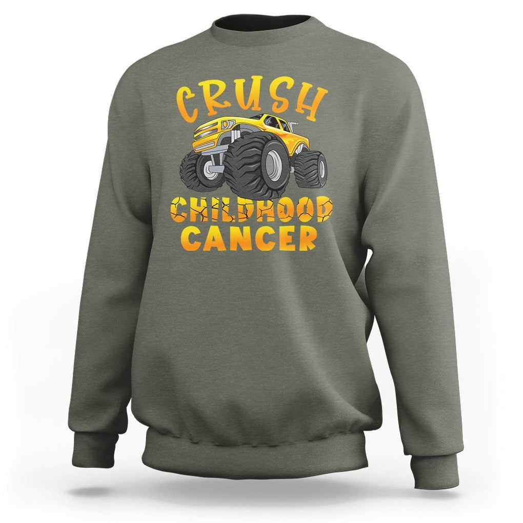 Childhood Cancer Awareness Sweatshirt Crush Childhood Cancer Monster Truck Gold Ribbon TS02 Military Green Printyourwear