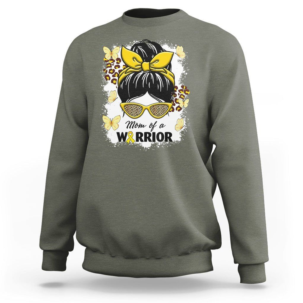 Childhood Cancer Awareness Sweatshirt Mom Of A Warrior Messy Bun Gold Ribbon Support Squad TS02 Military Green Printyourwear
