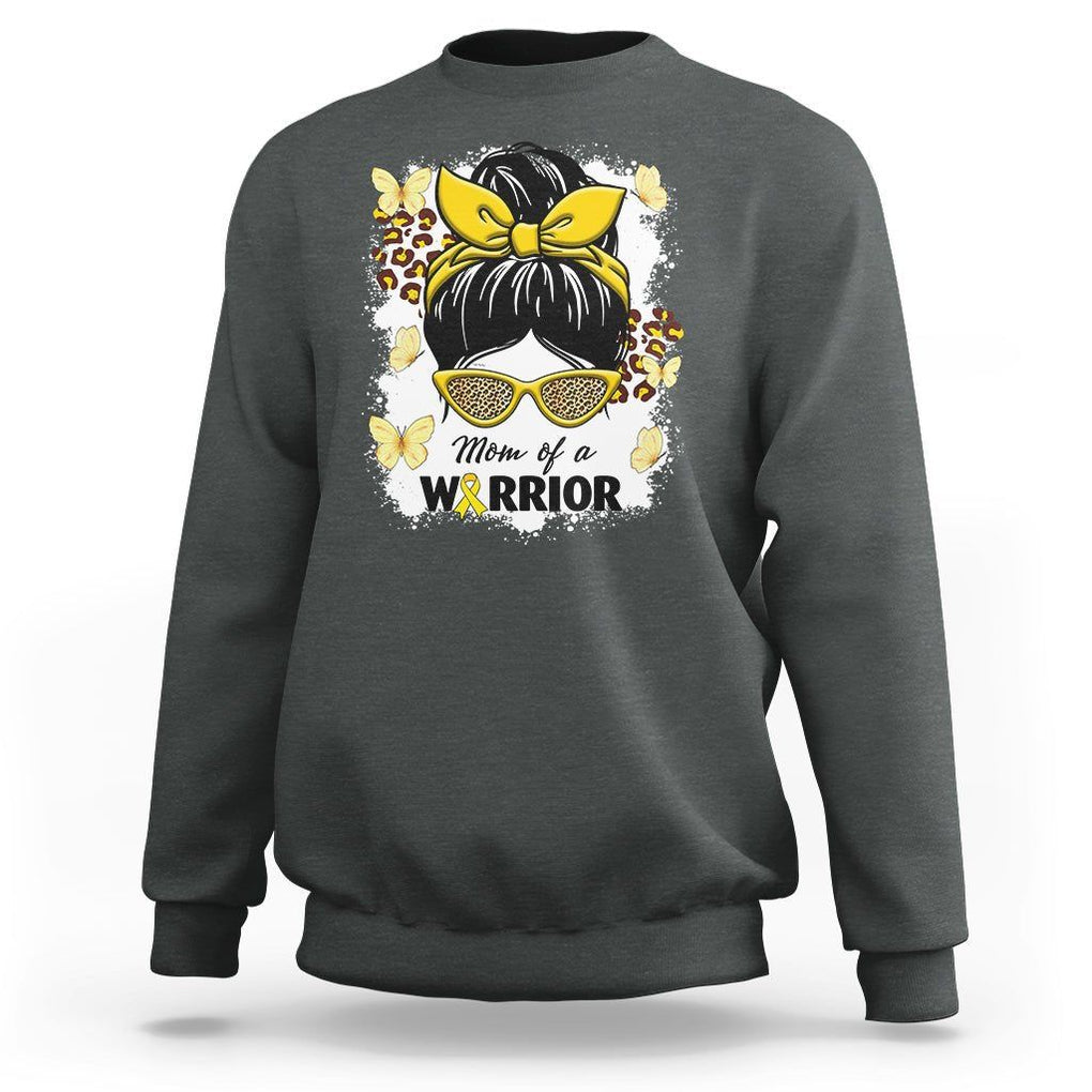 Childhood Cancer Awareness Sweatshirt Mom Of A Warrior Messy Bun Gold Ribbon Support Squad TS02 Dark Heather Printyourwear