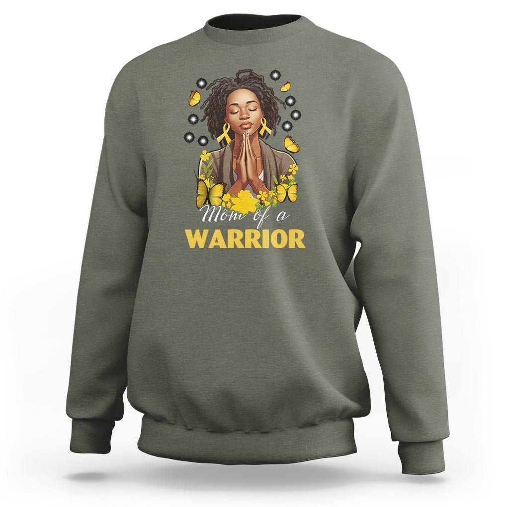 Childhood Cancer Awareness Sweatshirt Mom Of A Warrior Messy Bun Melanin Gold Ribbon Support Squad TS02 Military Green Printyourwear