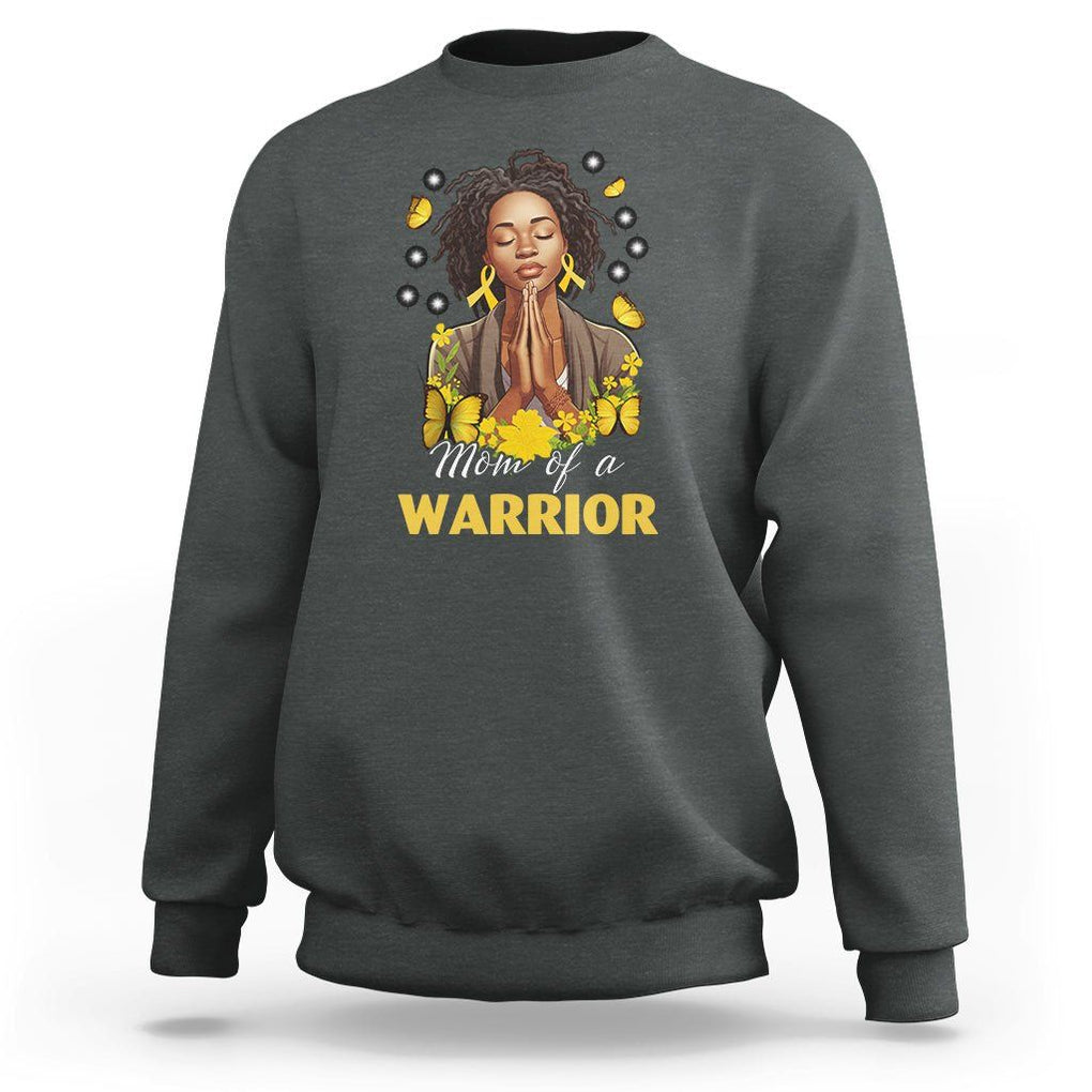 Childhood Cancer Awareness Sweatshirt Mom Of A Warrior Messy Bun Melanin Gold Ribbon Support Squad TS02 Dark Heather Printyourwear