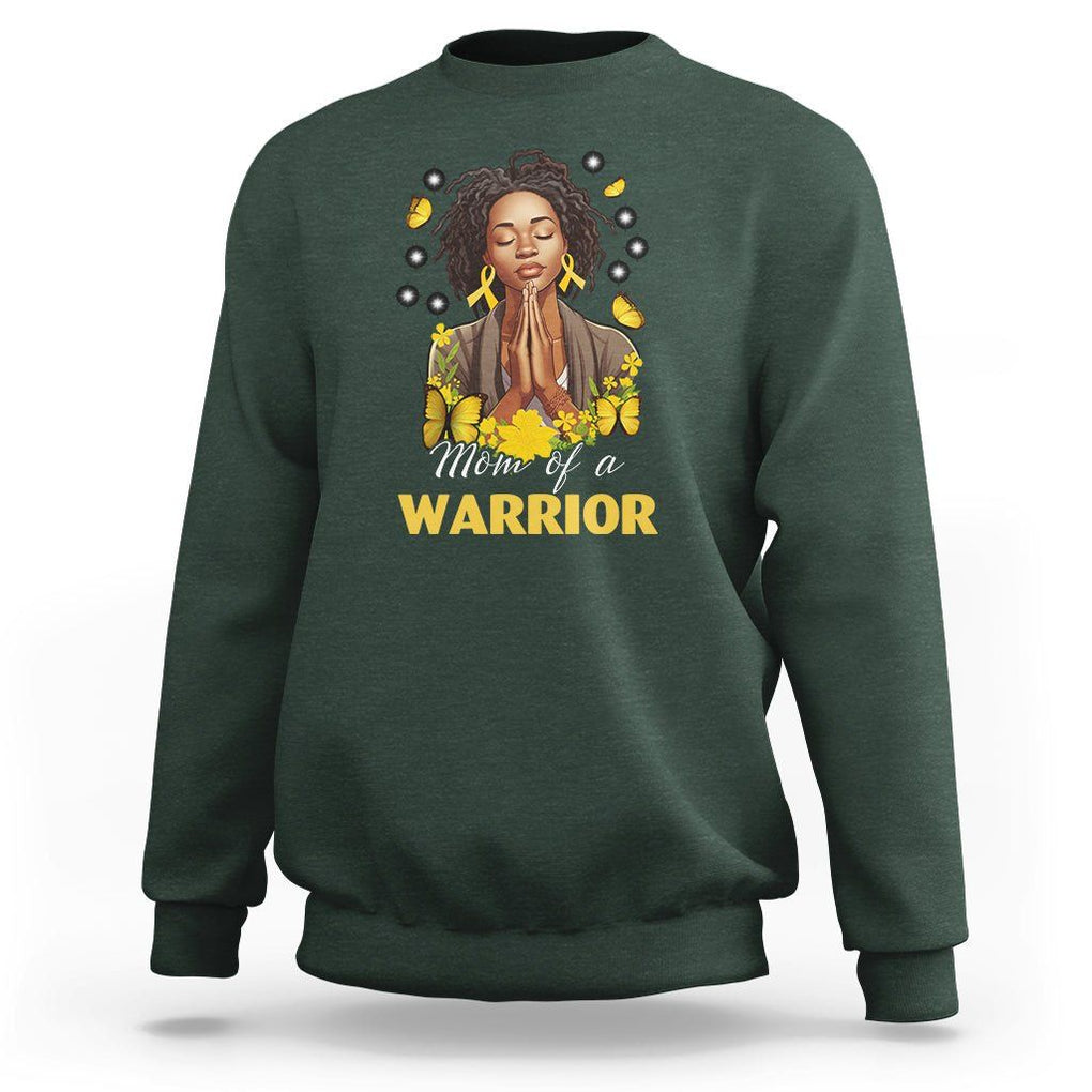 Childhood Cancer Awareness Sweatshirt Mom Of A Warrior Messy Bun Melanin Gold Ribbon Support Squad TS02 Dark Forest Green Printyourwear