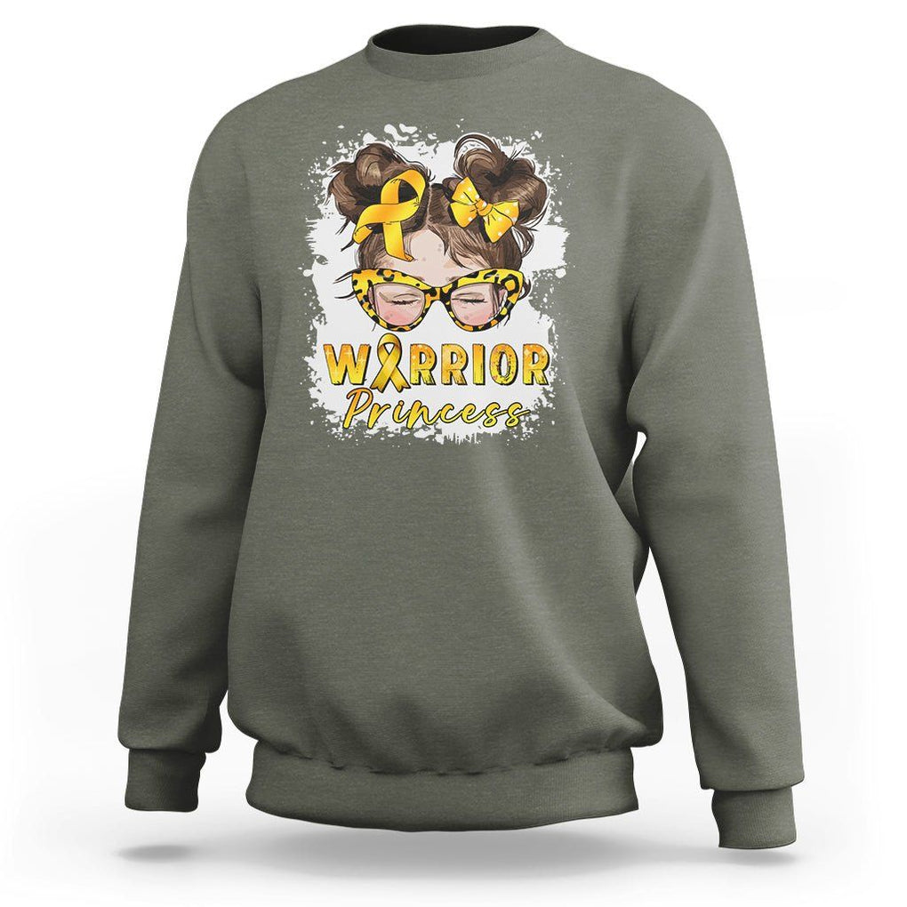 Childhood Cancer Awareness Sweatshirt Warrior Princess Gold Ribbon Messy Bun Girl TS02 Military Green Printyourwear