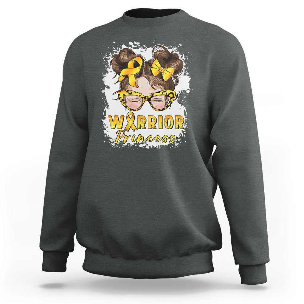Childhood Cancer Awareness Sweatshirt Warrior Princess Gold Ribbon Messy Bun Girl TS02 Dark Heather Printyourwear