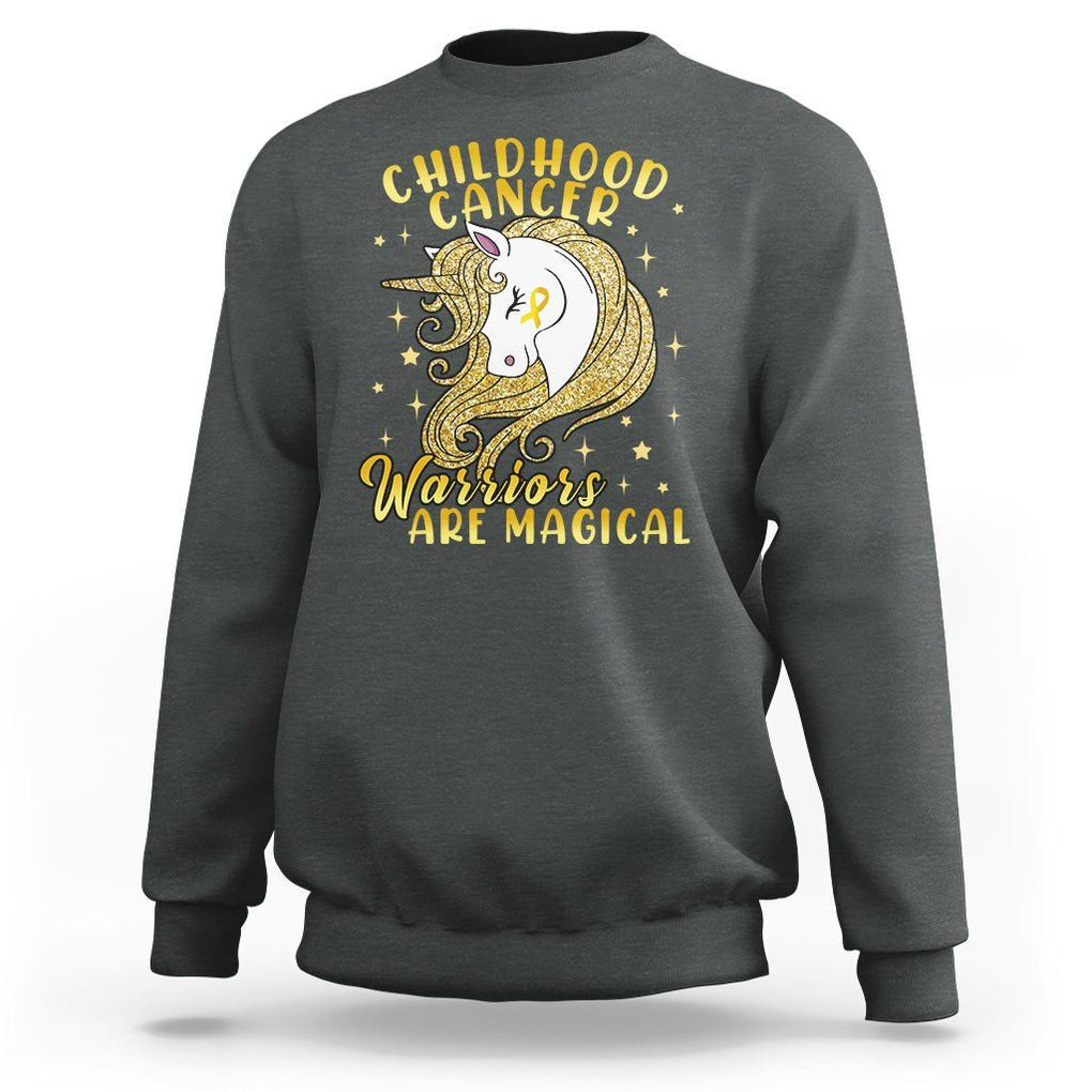 Childhood Cancer Awareness Sweatshirt Warriors Are Magical Unicorn Gold Ribbon TS02 Dark Heather Printyourwear