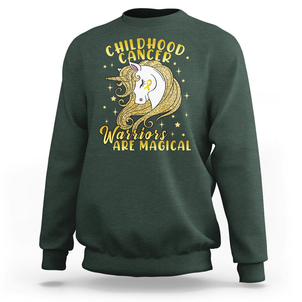 Childhood Cancer Awareness Sweatshirt Warriors Are Magical Unicorn Gold Ribbon TS02 Dark Forest Green Printyourwear